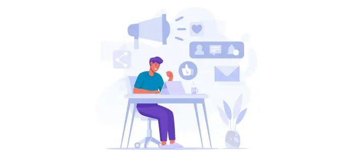 vector image of a man on a desk managing a social media accounts