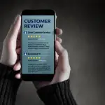 Customer Experience and Online Review Concept. Female holding SmartPhone to Reading Customer Review before Buying Products