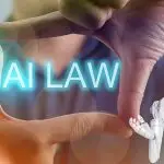 A robot is shown with the words AI law written in the air above it. The robot is a symbol of technology and the law is a representation of the rules and regulations that govern the use of AI