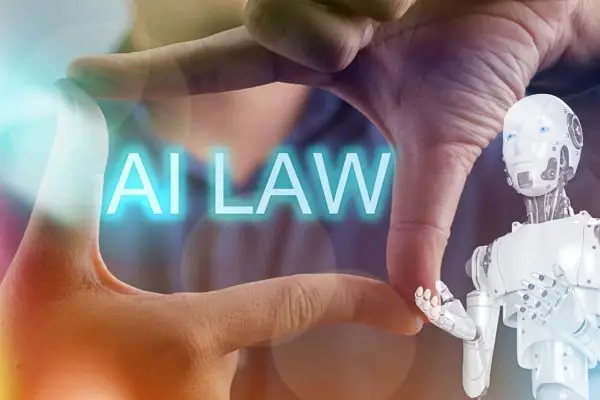 A robot is shown with the words AI law written in the air above it. The robot is a symbol of technology and the law is a representation of the rules and regulations that govern the use of AI