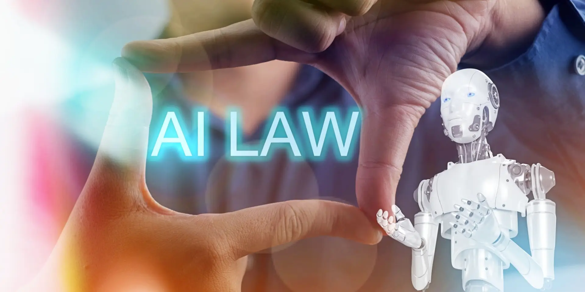 A robot is shown with the words AI law written in the air above it. The robot is a symbol of technology and the law is a representation of the rules and regulations that govern the use of AI