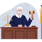 An illustration of a judge behind a desk holding a gavel in one hand with a balance on the desk beside him.