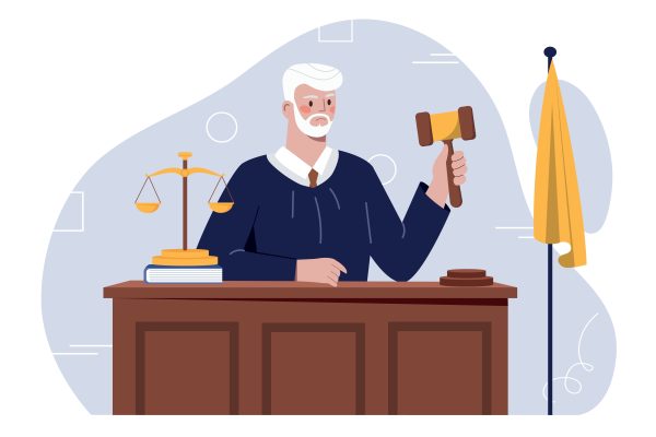 An illustration of a judge behind a desk holding a gavel in one hand with a balance on the desk beside him.