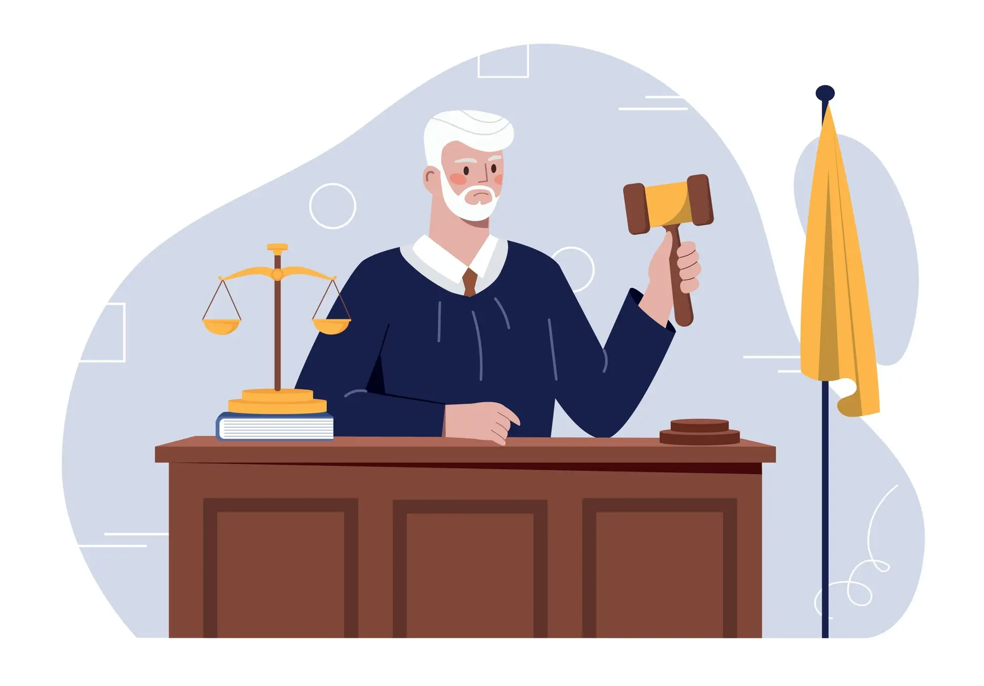 FCC’s 1:1 Consent Rule | An illustration of a judge behind a desk holding a gavel in one hand with a balance on the desk beside him.