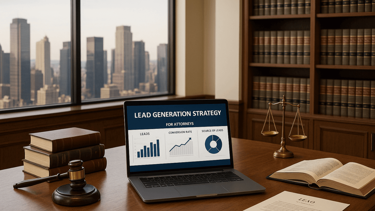 Modern law office setup showing a laptop screen displaying a legal lead generation strategy chart.