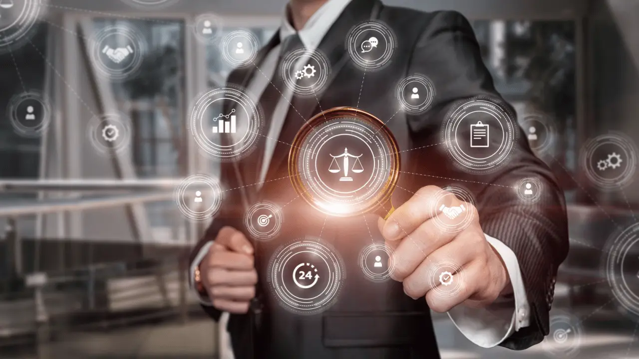 Attorney using evergreen legal marketing SEO strategies with digital technology interface showing scales of justice and analytics icons
