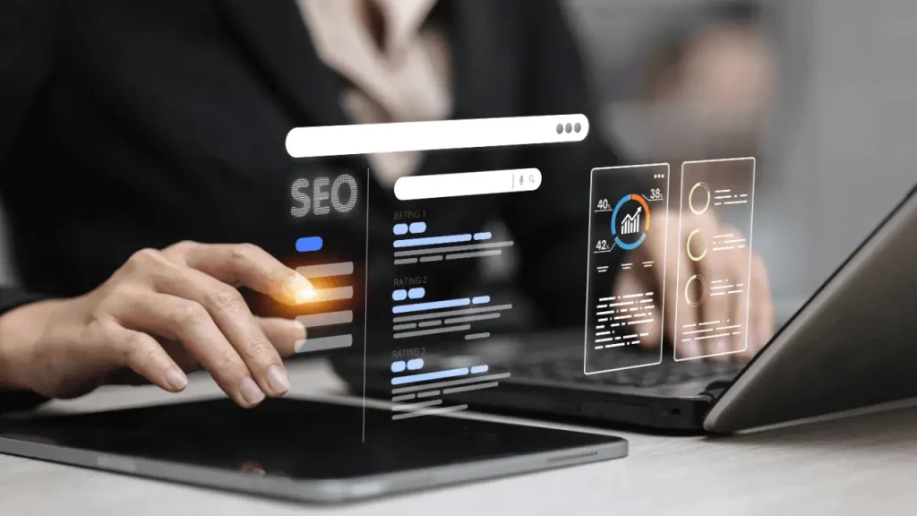 Attorney analyzing E-E-A-T for law firm SEO metrics and rankings on laptop dashboard