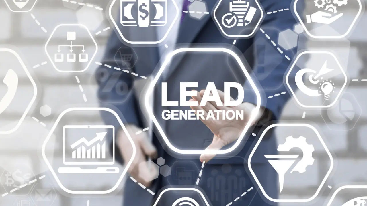 Legal lead generation SEO concept with businessman touching lead generation interface showing marketing analytics and conversion icons