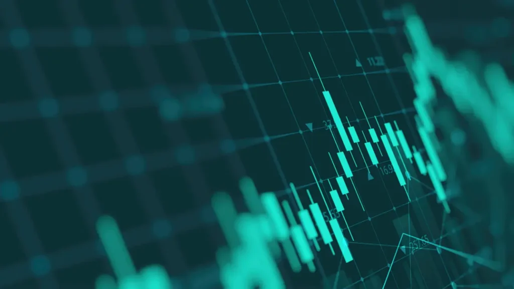 Cost planning for legal advertising campaigns illustrated through digital candlestick chart data on dark teal background