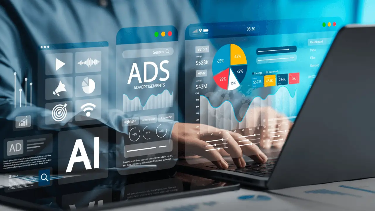 Attorney reviewing a long term legal marketing roadmap with AI-powered ad dashboards and analytics data on screen