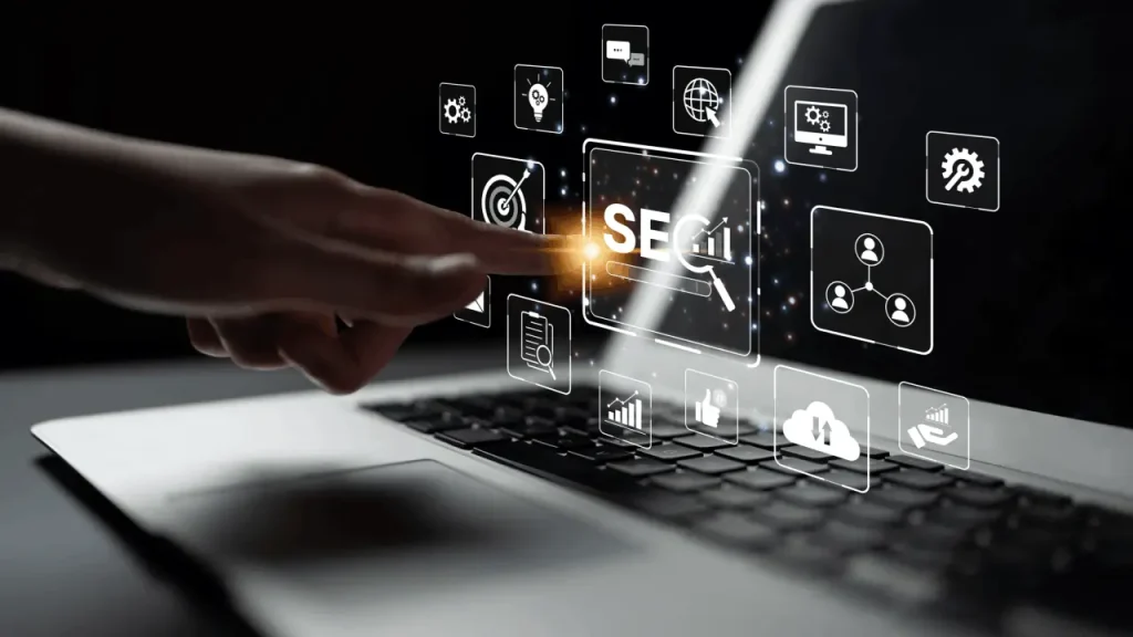 Attorney evaluating legal SEO success metrics on laptop with digital analytics icons