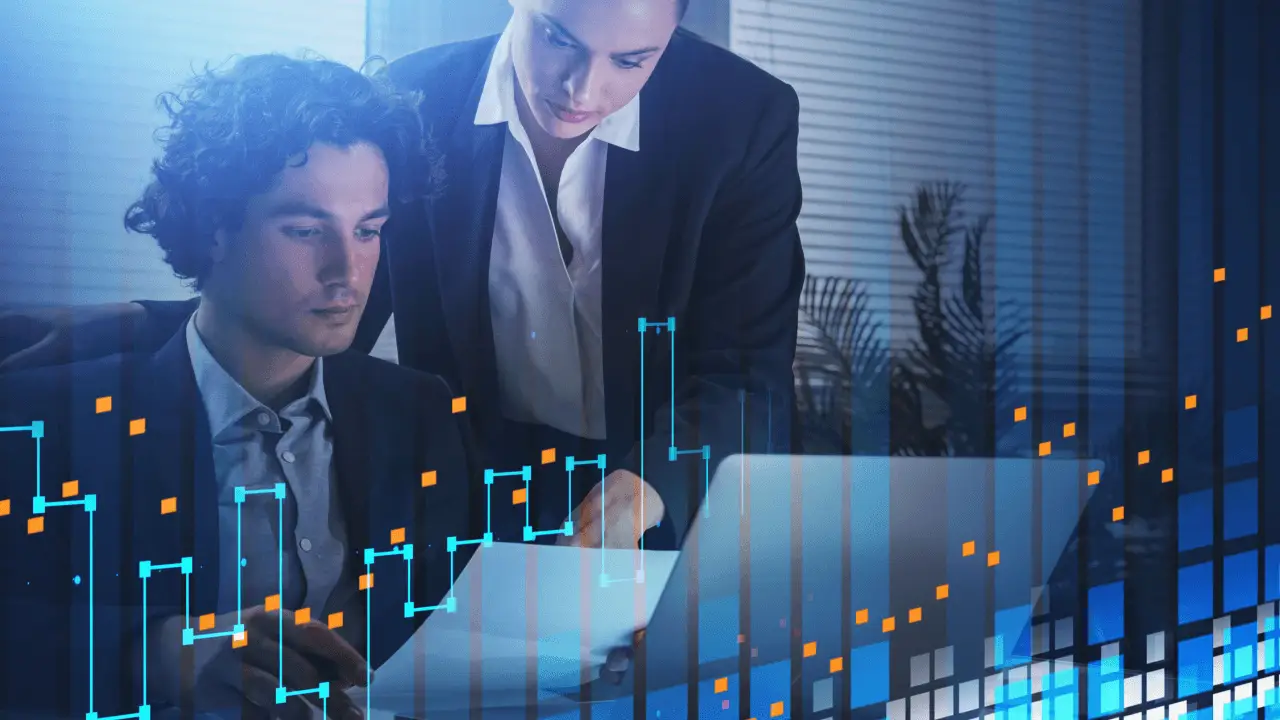 Two attorneys reviewing a law firm marketing plan on a laptop with digital data overlays