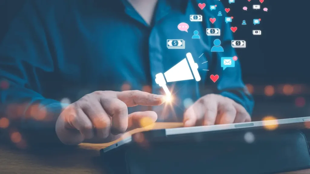 Professional managing a law firm marketing budget on a tablet with digital icons representing social media, email, and revenue