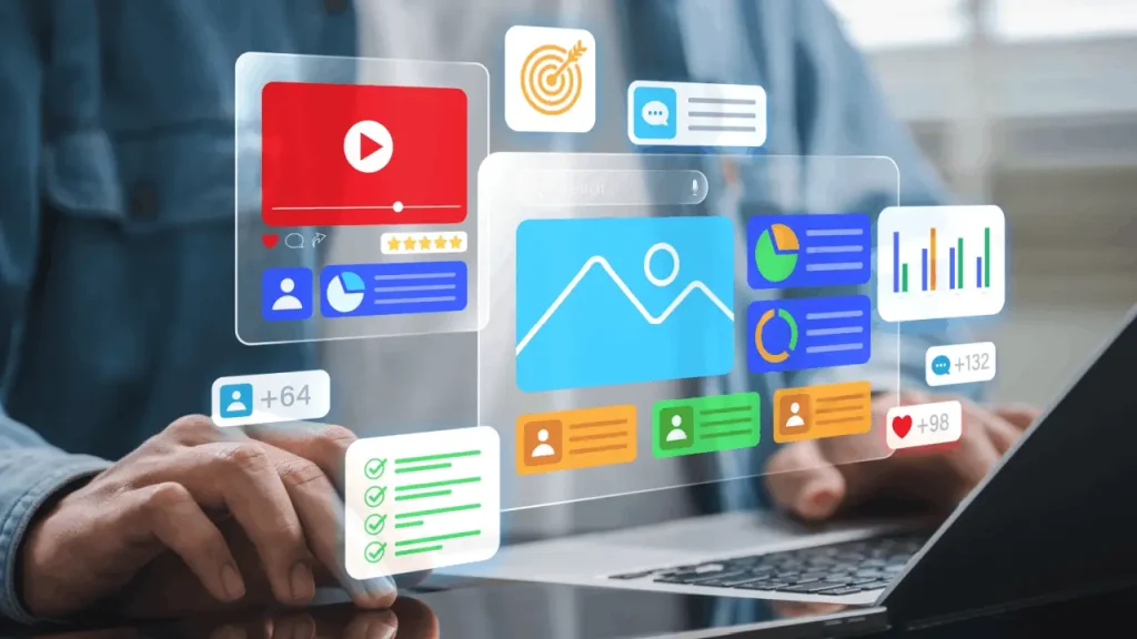 Law firm marketing strategy with digital content, social media engagement, and analytics dashboard on laptop