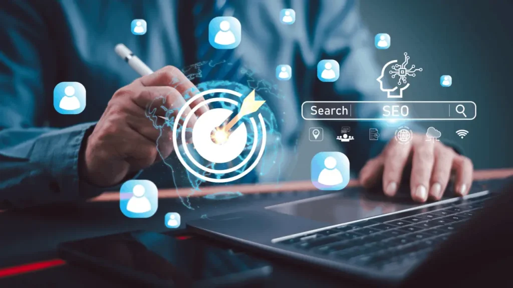 Law firm SEO benchmarks displayed on laptop screen with analytics metrics and performance tracking icons