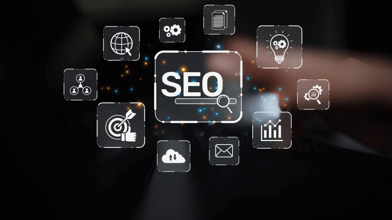 Legal SEO ROI concept with hand touching holographic SEO interface showing analytics, target, innovation, and growth measurement icons