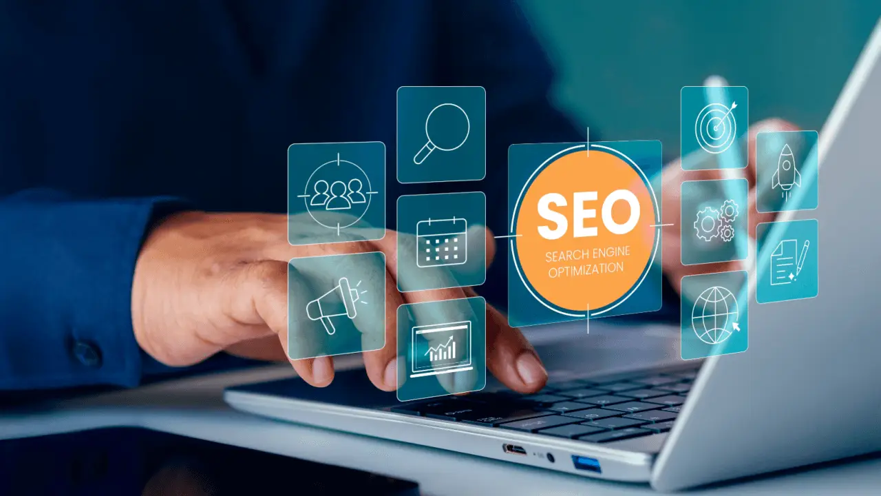 Professional reviewing SEO risk for law firms dashboard with search engine optimization analytics and legal marketing strategy icons on laptop