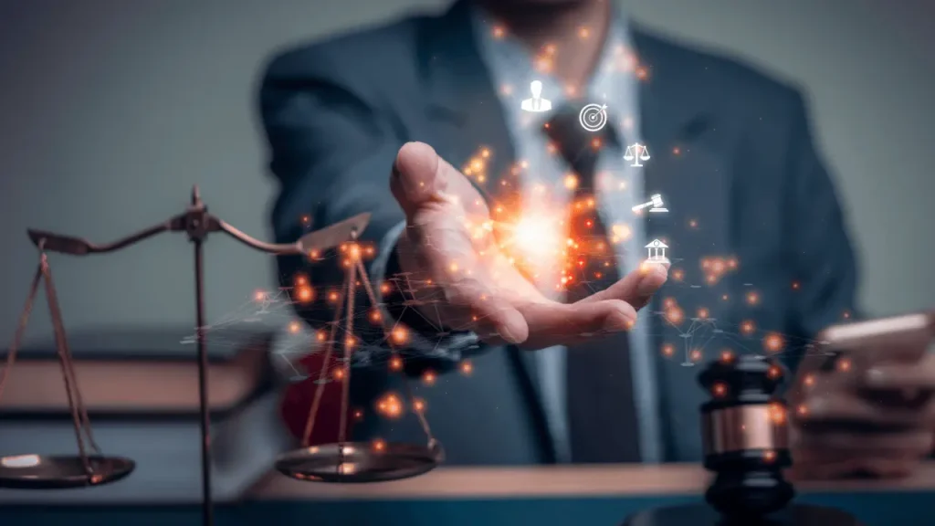 Social media promotion for attorneys showing a lawyer using digital legal marketing tools with scales of justice and gavel