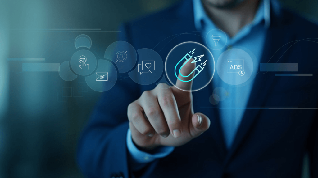 Exclusive Leads vs Shared Leads – professional pointing to lead generation magnet icon with digital marketing symbols