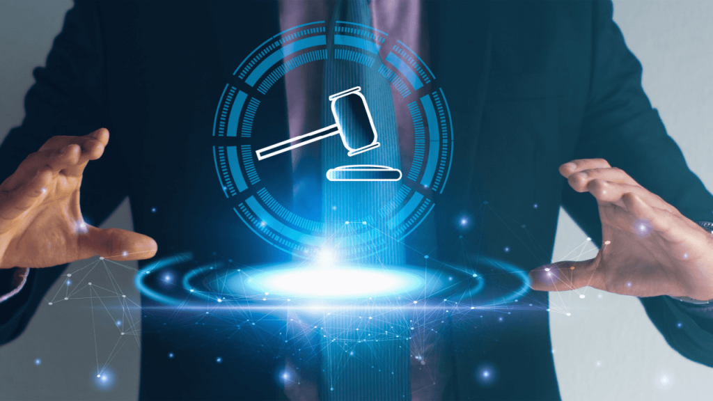 Attorney Lead Generation - Lawyer holding digital gavel hologram with network connections