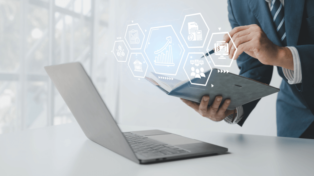 Attorney reviewing digital marketing analytics and financial growth strategies on a tablet with a laptop