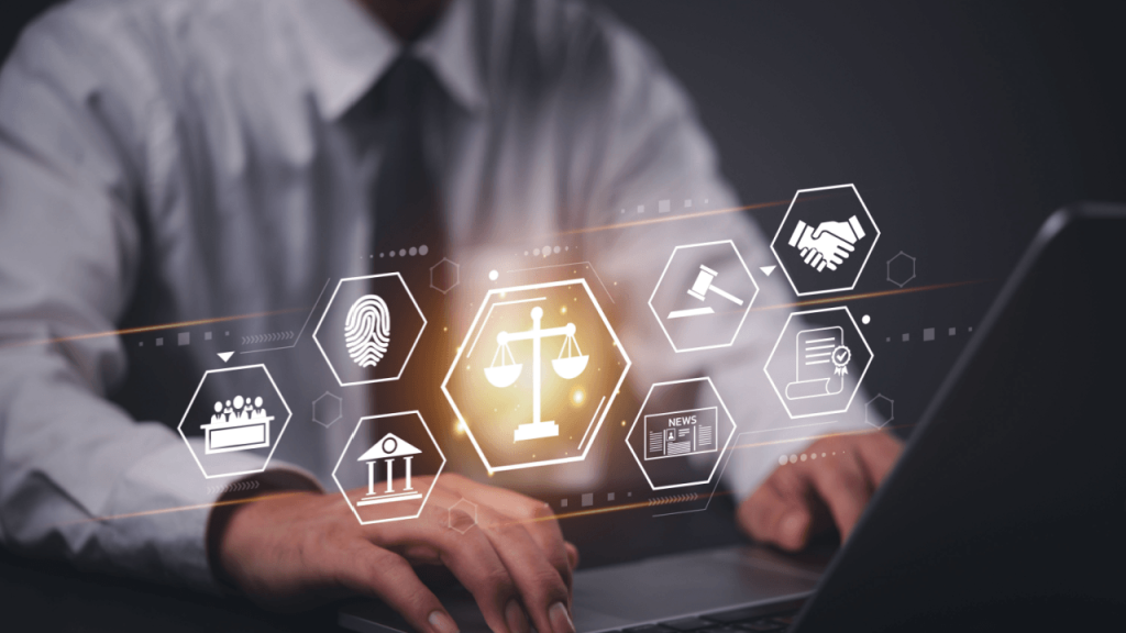 Digital marketing for lawyers with legal icons and laptop