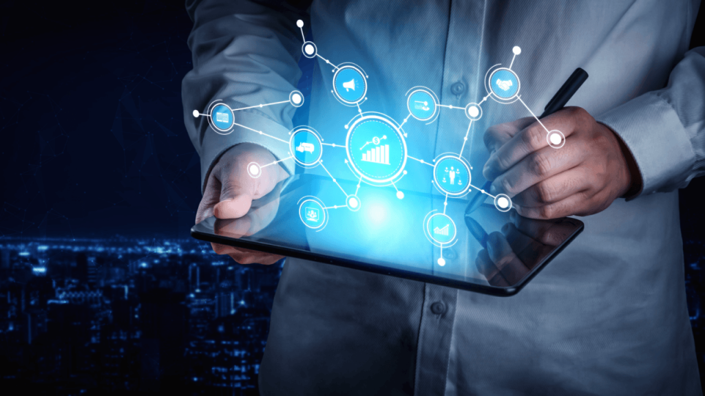 Attorney using digital tablet with online lead generation network icons