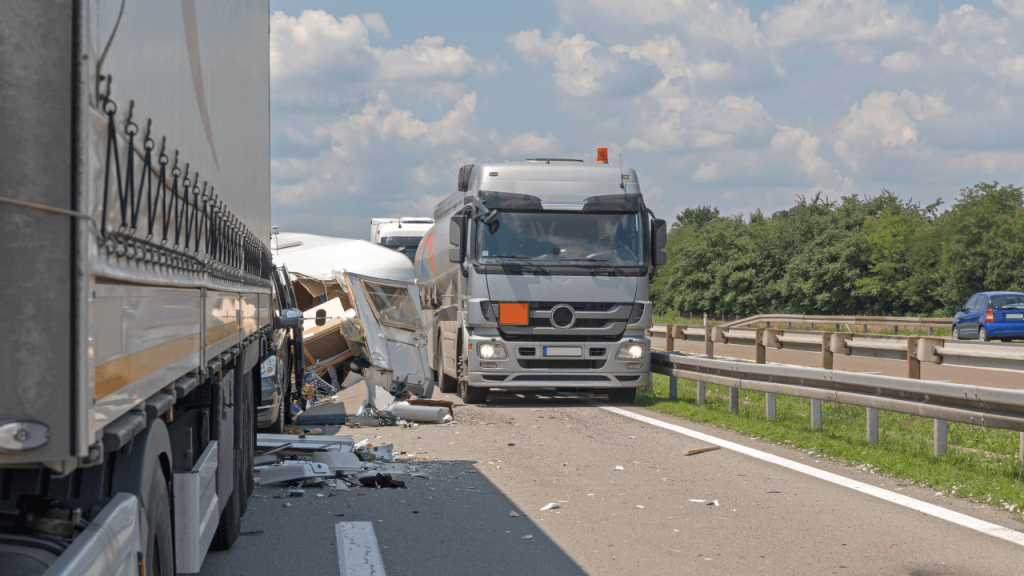Truck accident scene on highway showing commercial vehicle collision damage