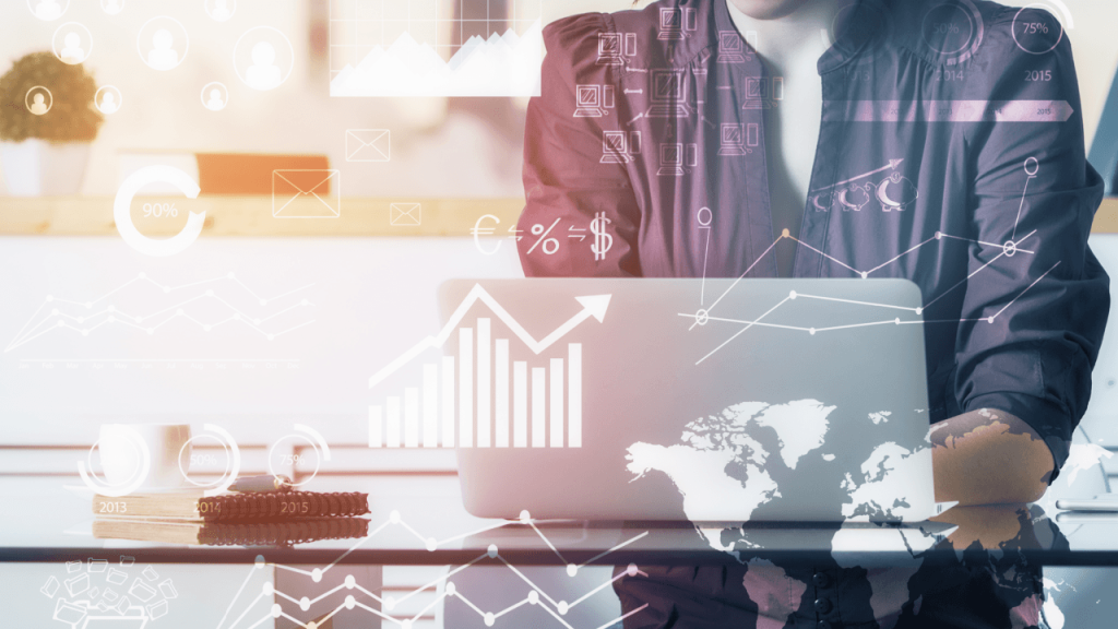 law firm marketing agency professional using laptop with digital analytics overlay